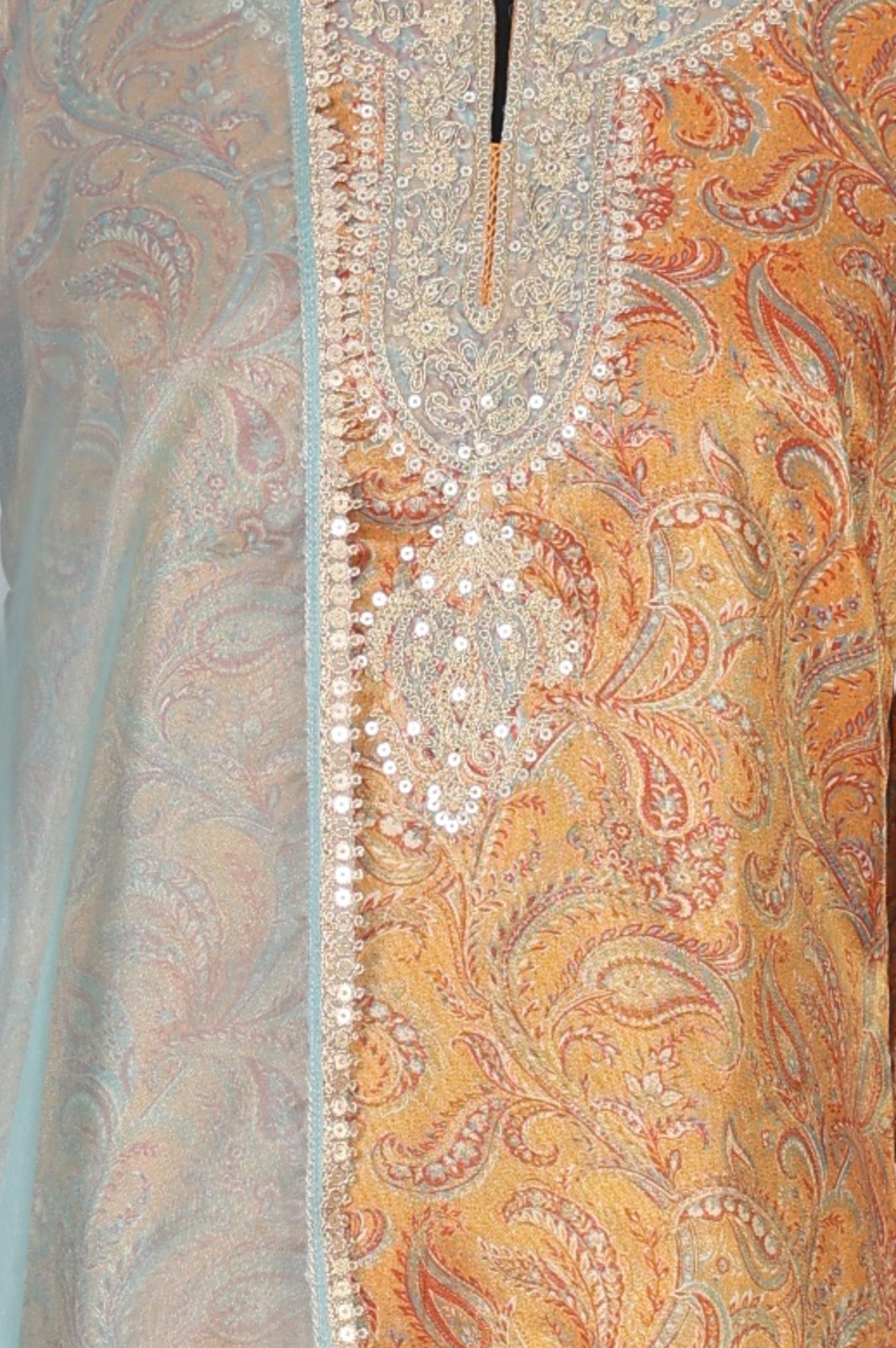Mustard Sequins Paisley Printed Tissue Straight Kurta with Straight Pants and Dupatta Set