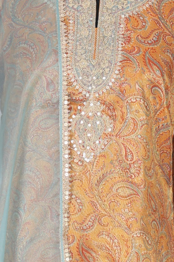 Mustard Sequins Paisley Printed Tissue Straight Kurta with Straight Pants and Dupatta Set