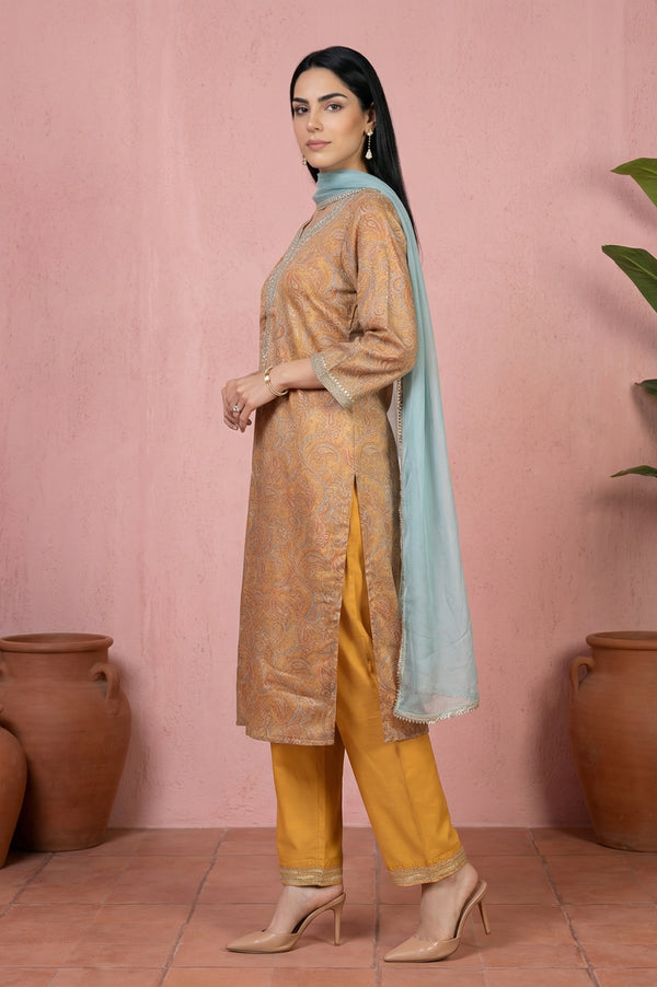 Mustard Sequins Paisley Printed Tissue Straight Kurta with Straight Pants and Dupatta Set
