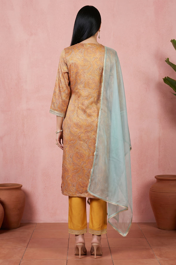 Mustard Sequins Paisley Printed Tissue Straight Kurta with Straight Pants and Dupatta Set