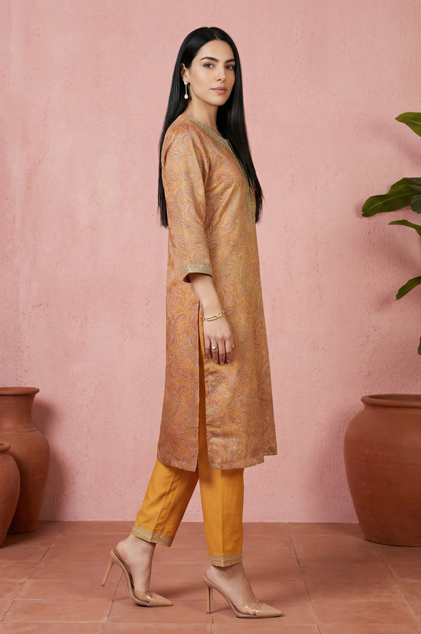 Mustard Sequins Paisley Printed Tissue Straight Kurta with Straight Pants and Dupatta Set