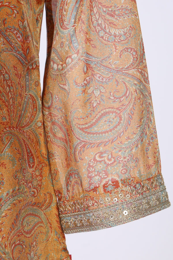 Mustard Sequins Paisley Printed Tissue Straight Kurta with Straight Pants and Dupatta Set
