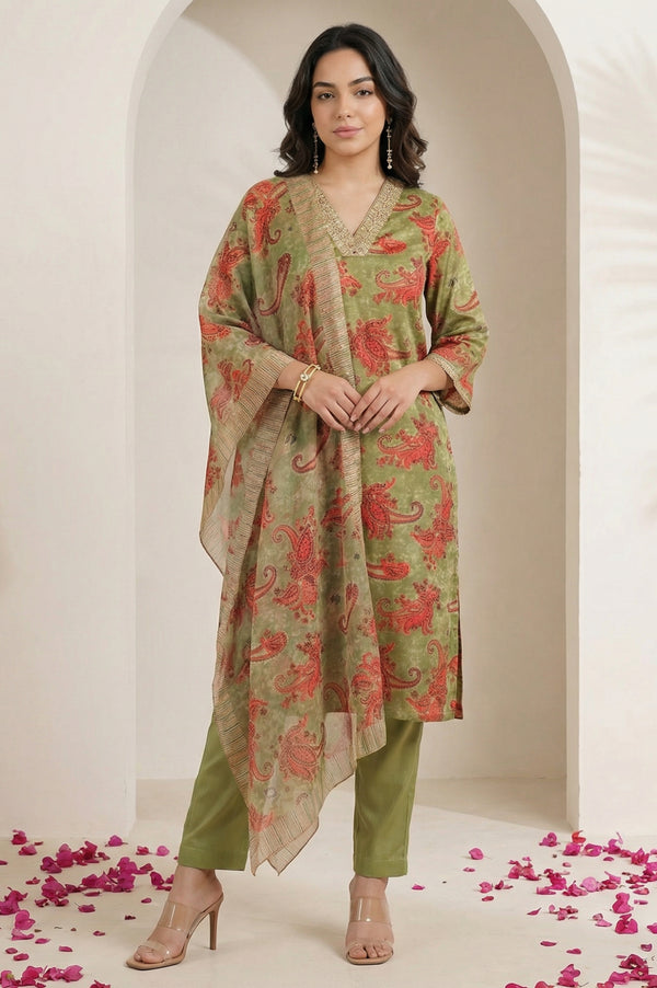 Olive Sequins Paisley Printed Straight Satin Kurta with Straight Pants and Dupatta Set