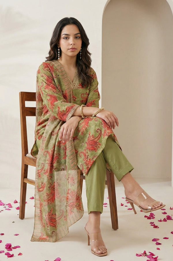 Olive Sequins Paisley Printed Straight Satin Kurta with Straight Pants and Dupatta Set