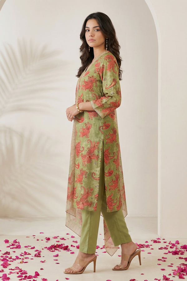Olive Sequins Paisley Printed Straight Satin Kurta with Straight Pants and Dupatta Set