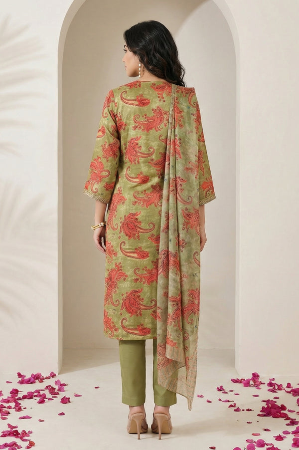 Olive Sequins Paisley Printed Straight Satin Kurta with Straight Pants and Dupatta Set