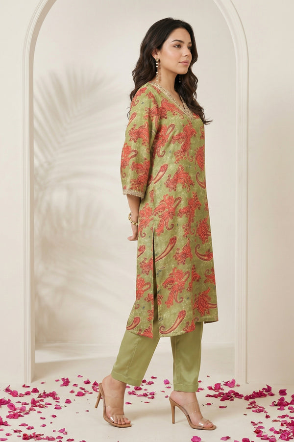 Olive Sequins Paisley Printed Straight Satin Kurta with Straight Pants and Dupatta Set