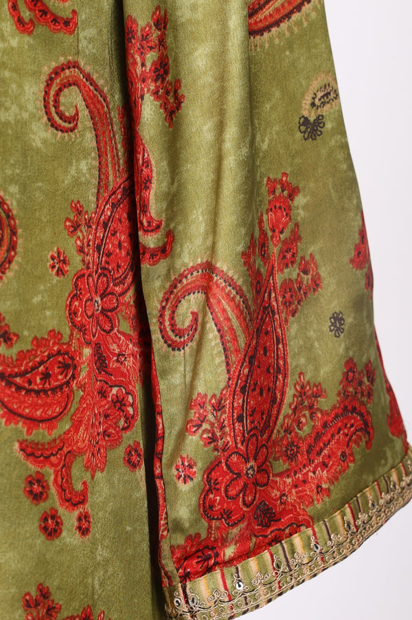 Olive Sequins Paisley Printed Straight Satin Kurta with Straight Pants and Dupatta Set