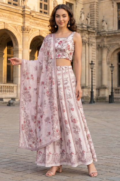 Off White Floral Printed Lace Chanderi Sleeveless Straight Crop Top with Skirt and Dupatta Set