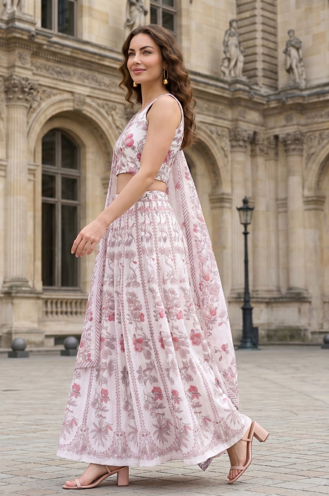 Off White Floral Printed Lace Chanderi Sleeveless Straight Crop Top with Skirt and Dupatta Set