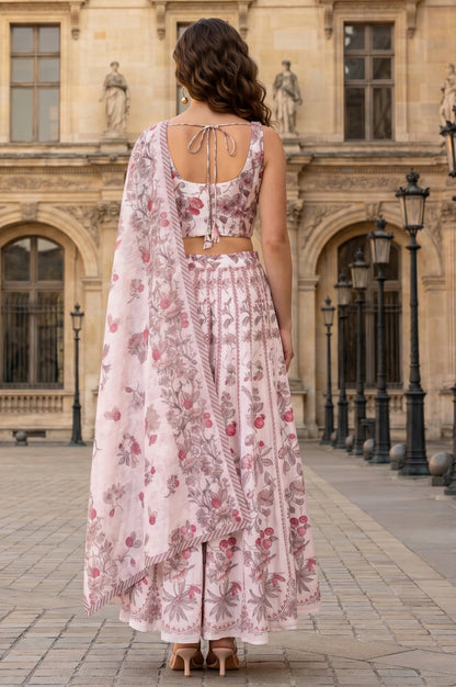 Off White Floral Printed Lace Chanderi Sleeveless Straight Crop Top with Skirt and Dupatta Set