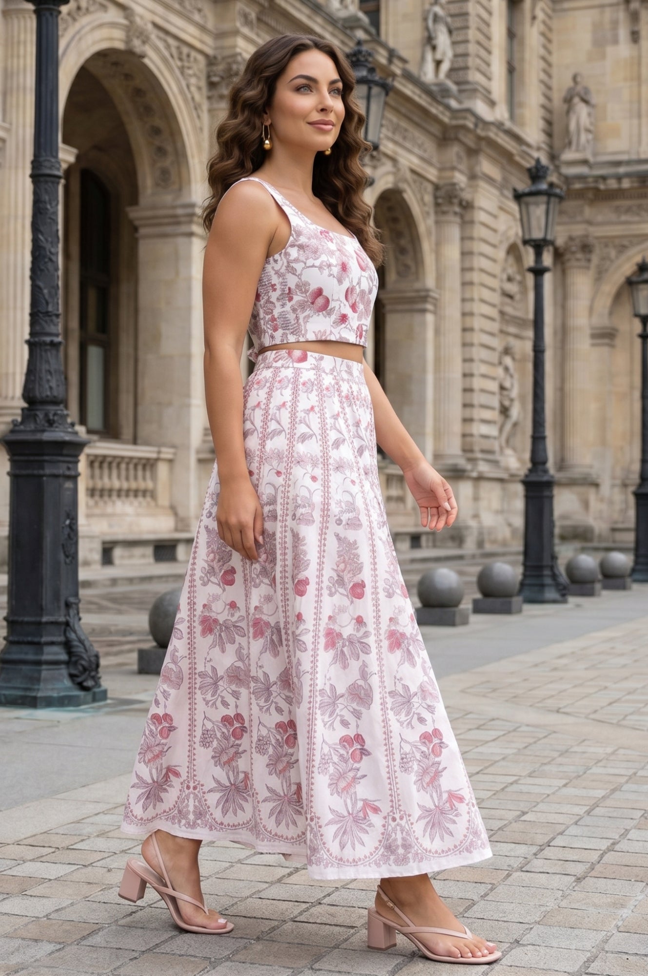 Off White Floral Printed Lace Chanderi Sleeveless Straight Crop Top with Skirt and Dupatta Set