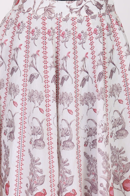 Off White Floral Printed Lace Chanderi Sleeveless Straight Crop Top with Skirt and Dupatta Set