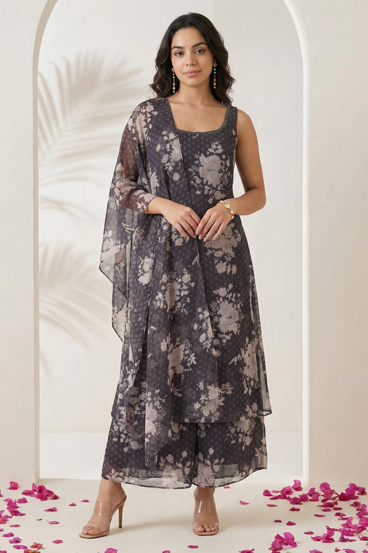 Grey Floral Printed Beadwork Georgette Sleeveless Straight Kurta with Straight Pants and Dupatta Set - S