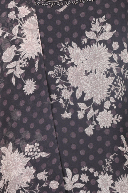 Grey Floral Printed Beadwork Georgette Sleeveless Straight Kurta with Straight Pants and Dupatta Set