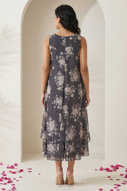 Grey Floral Printed Beadwork Georgette Sleeveless Straight Kurta with Straight Pants and Dupatta Set