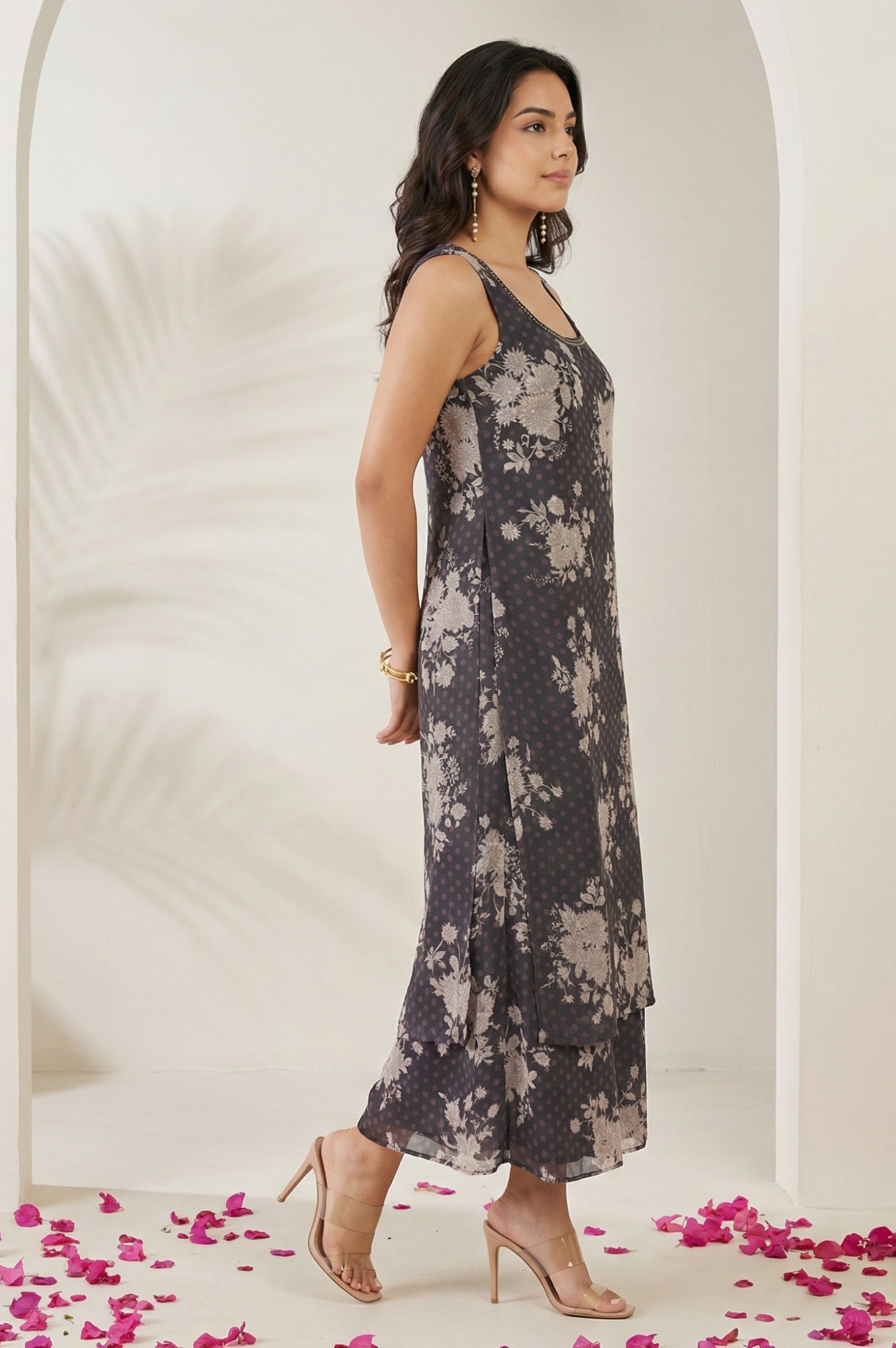 Grey Floral Printed Beadwork Georgette Sleeveless Straight Kurta with Straight Pants and Dupatta Set