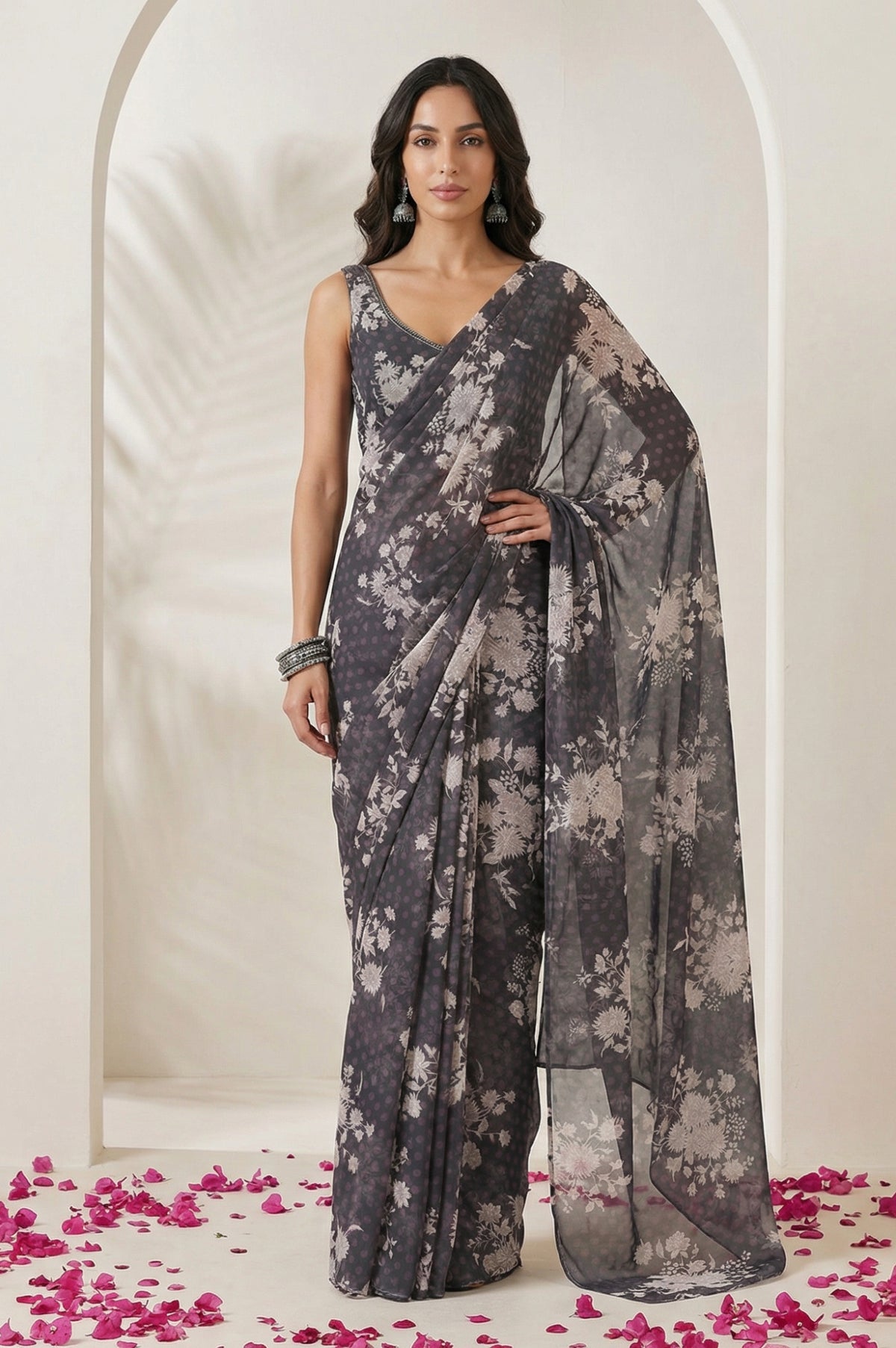 Grey Beadwork Floral Printed Stitched Blouse with Predrape Saree - XS