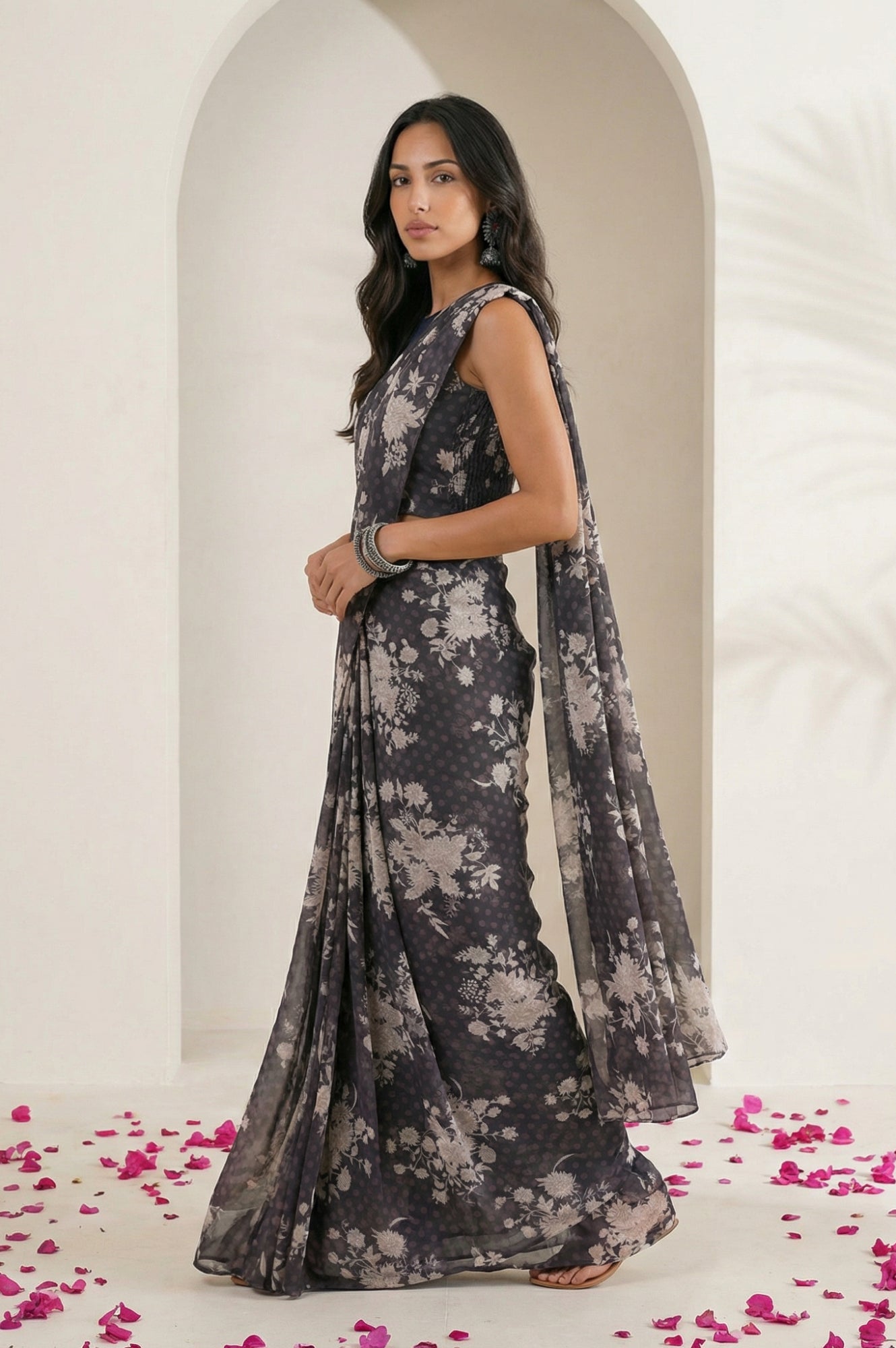 Grey Beadwork Floral Printed Stitched Blouse with Predrape Saree