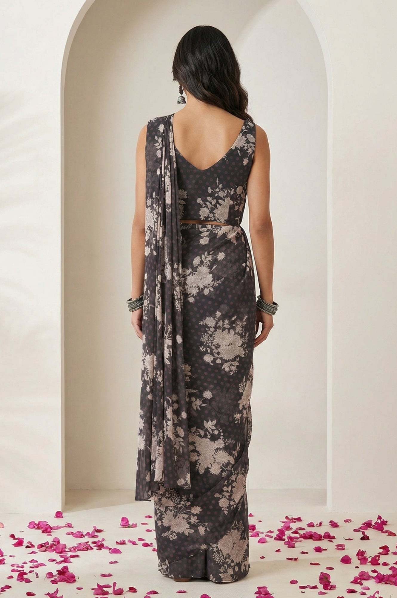 Grey Beadwork Floral Printed Stitched Blouse with Predrape Saree