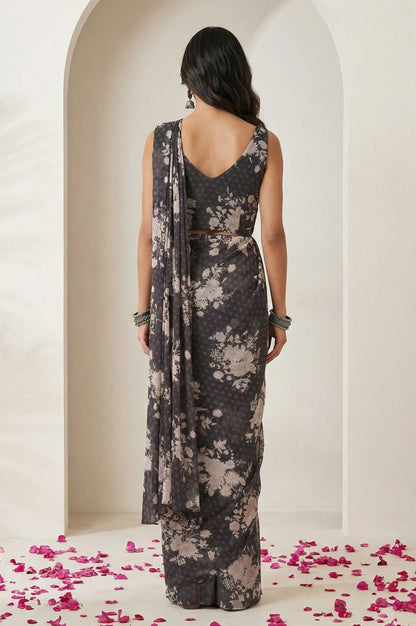 Grey Beadwork Floral Printed Stitched Blouse with Predrape Saree