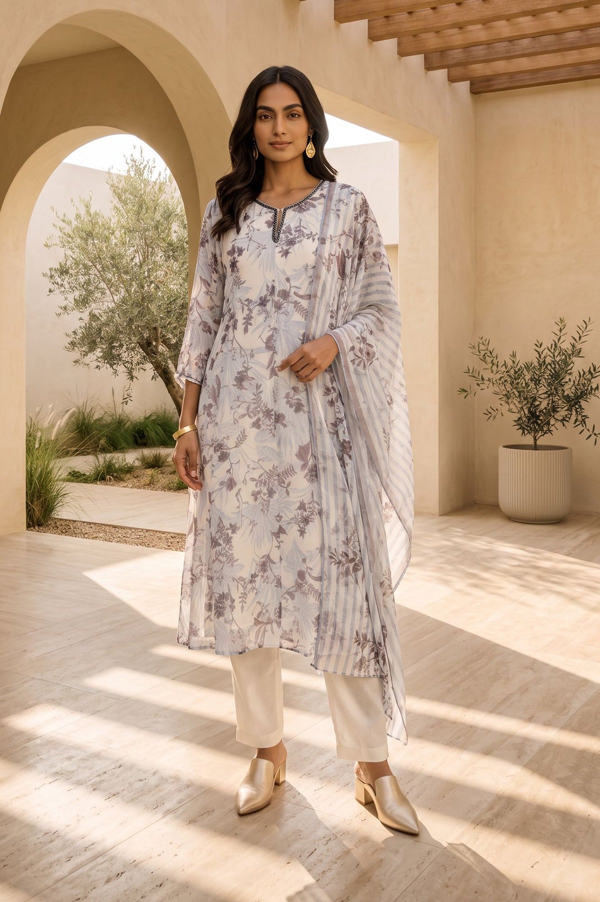 Off White Floral Printed Thread Embroidered Straight Kurta with Straight Pants and Dupatta Set