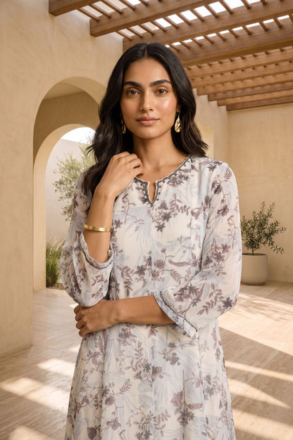 Off White Floral Printed Thread Embroidered Straight Kurta with Straight Pants and Dupatta Set