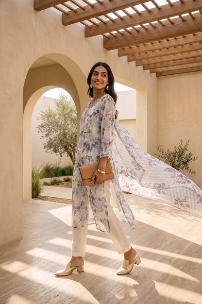 Off White Floral Printed Thread Embroidered Straight Kurta with Straight Pants and Dupatta Set