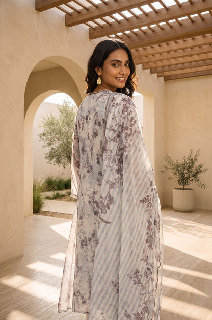 Off White Floral Printed Thread Embroidered Straight Kurta with Straight Pants and Dupatta Set