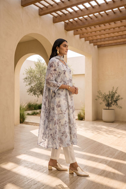 Off White Floral Printed Thread Embroidered Straight Kurta with Straight Pants and Dupatta Set