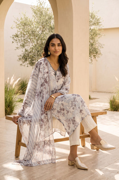 Off White Floral Printed Thread Embroidered Straight Kurta with Straight Pants and Dupatta Set
