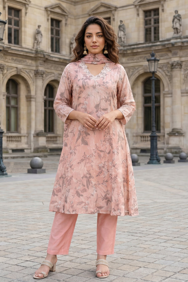 Peach Floral Printed Linen Blend Straight Kurta with Straight Pants and Dupatta Set