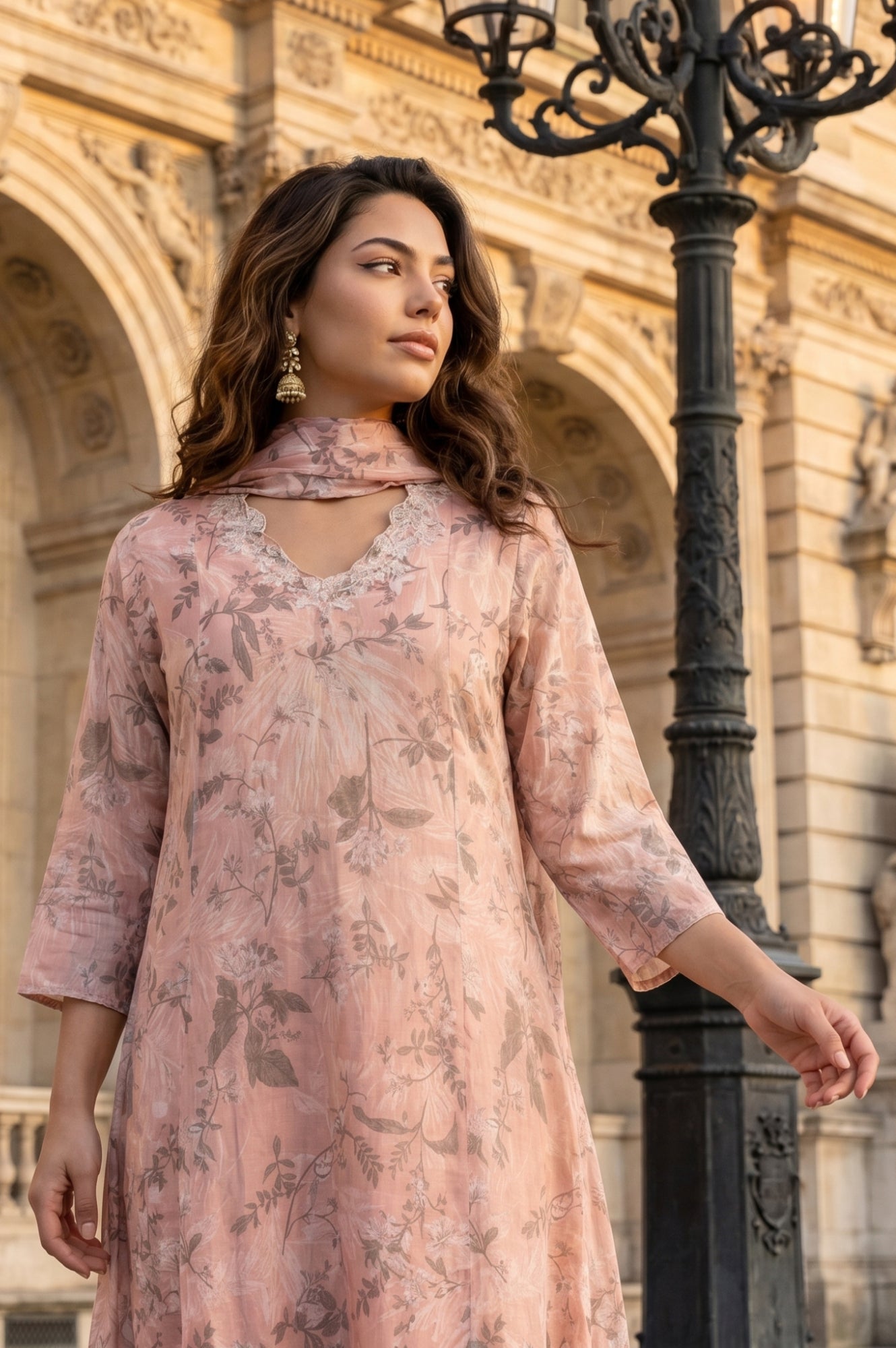 Peach Floral Printed Linen Blend Straight Kurta with Straight Pants and Dupatta Set