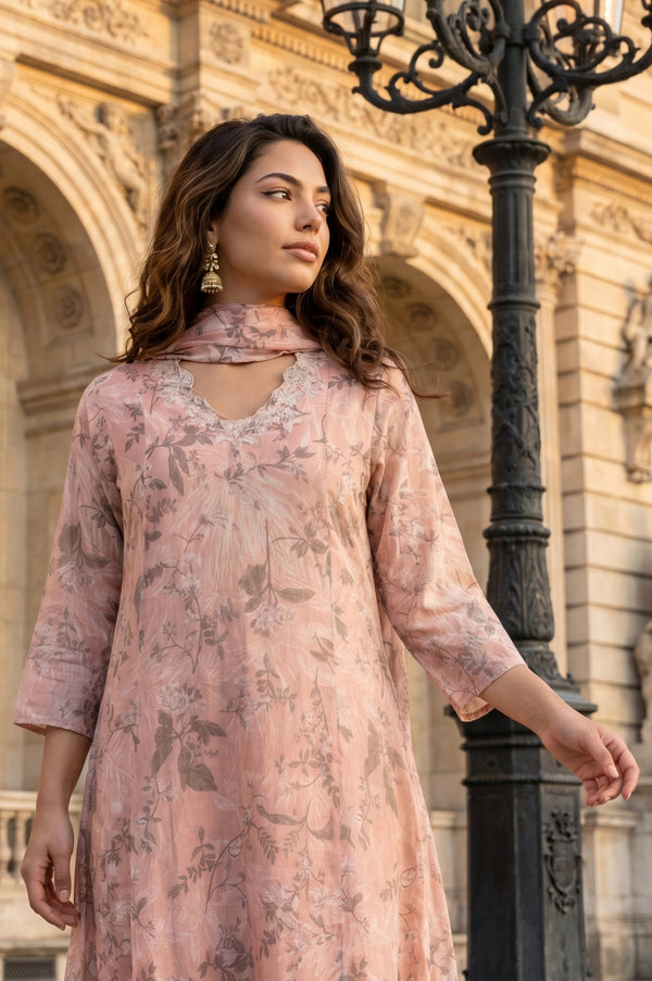 Peach Floral Printed Linen Blend Straight Kurta with Straight Pants and Dupatta Set