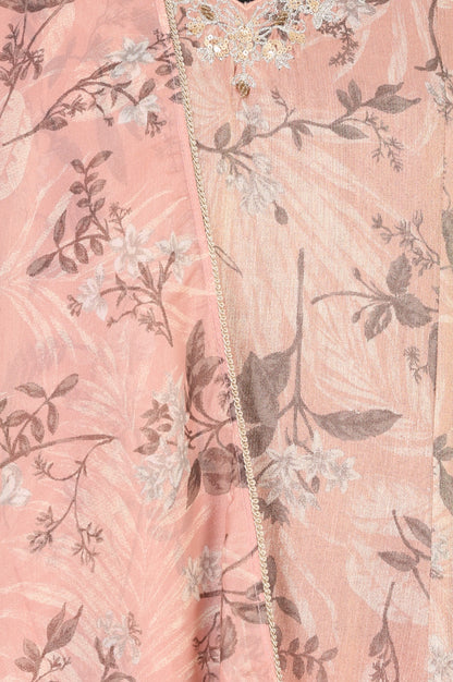 Peach Floral Printed Linen Blend Straight Kurta with Straight Pants and Dupatta Set