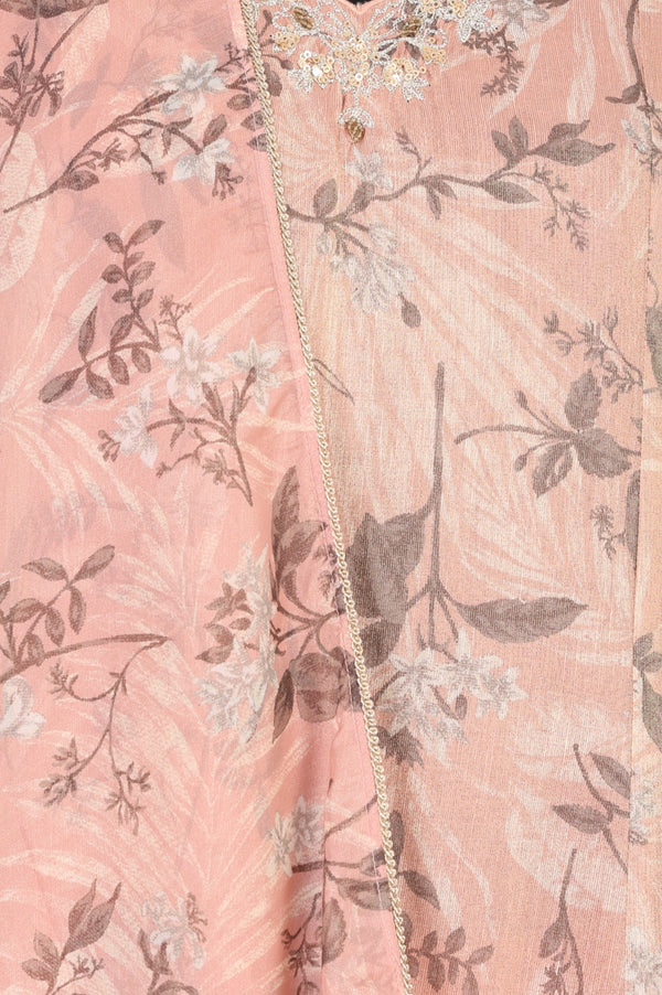 Peach Floral Printed Linen Blend Straight Kurta with Straight Pants and Dupatta Set