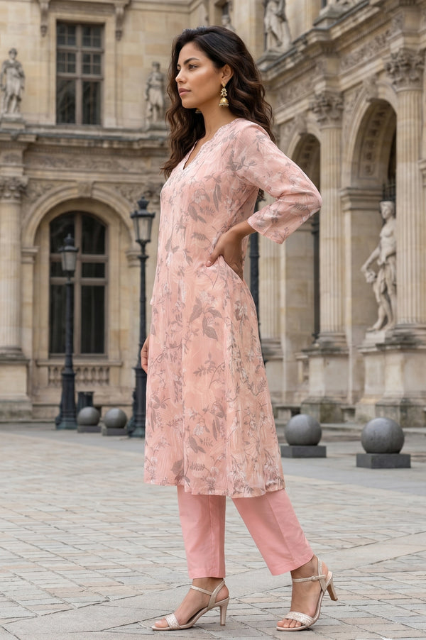 Peach Floral Printed Linen Blend Straight Kurta with Straight Pants and Dupatta Set