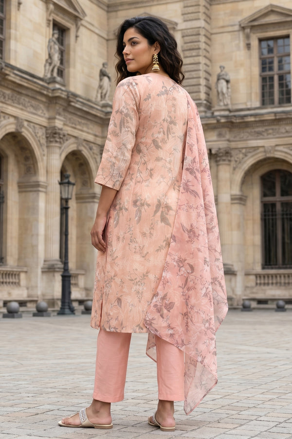 Peach Floral Printed Linen Blend Straight Kurta with Straight Pants and Dupatta Set