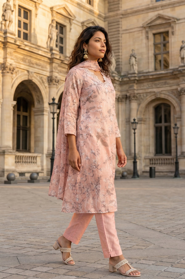 Peach Floral Printed Linen Blend Straight Kurta with Straight Pants and Dupatta Set