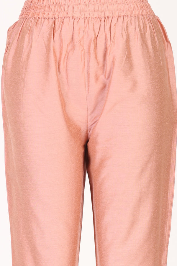 Peach Floral Printed Linen Blend Straight Kurta with Straight Pants and Dupatta Set