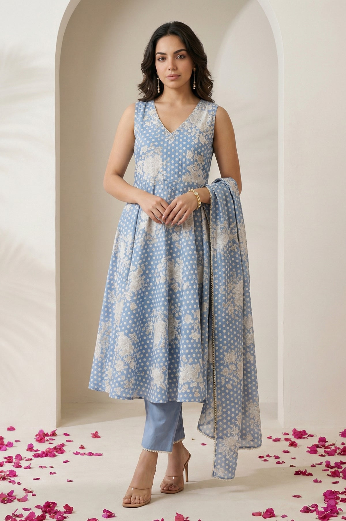 Blue Floral Printed Lace Chanderi Sleeveless A-line Kurta with Straight Pants and Dupatta Set - XS