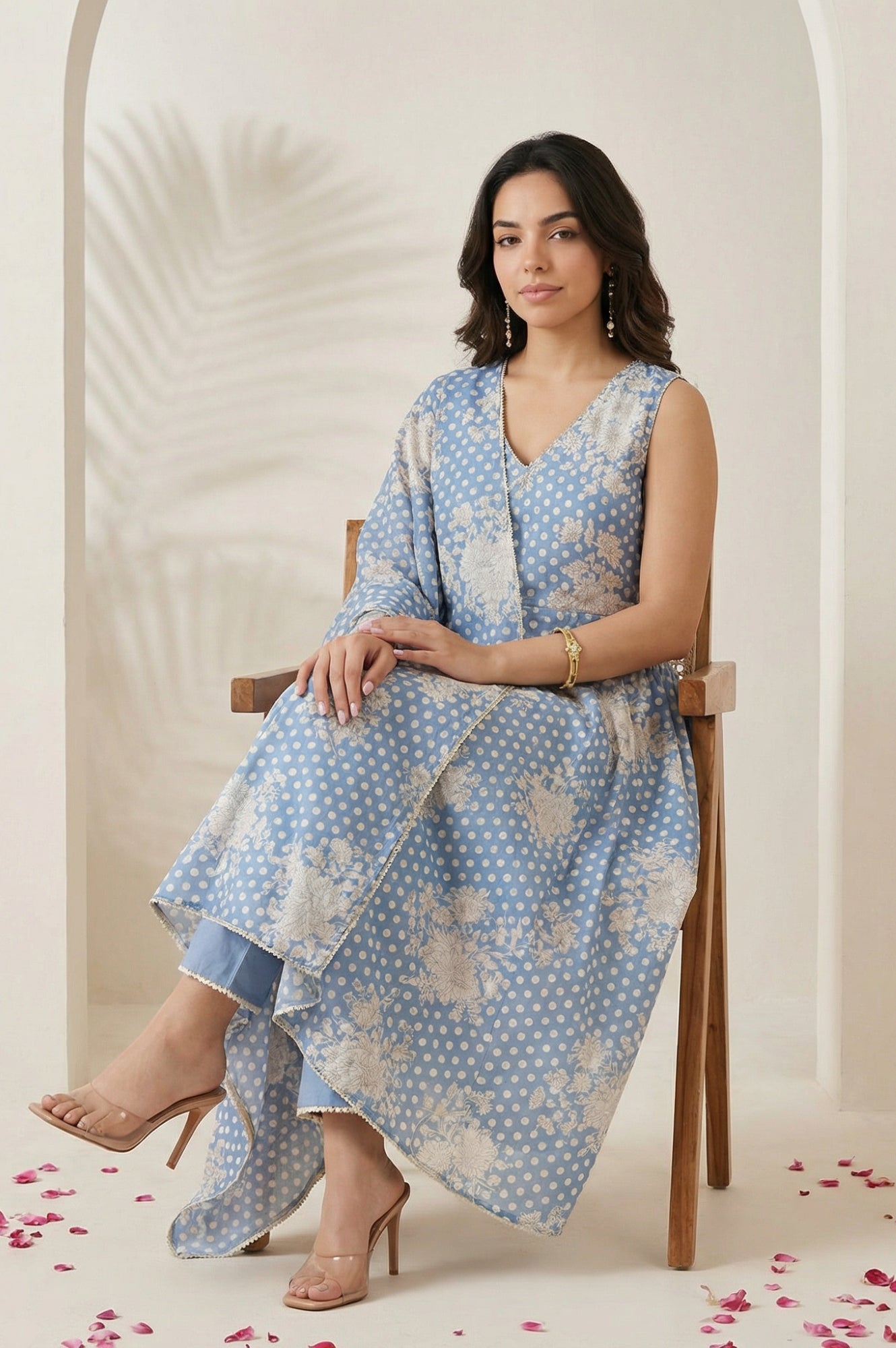 Blue Floral Printed Lace Chanderi Sleeveless A-line Kurta with Straight Pants and Dupatta Set