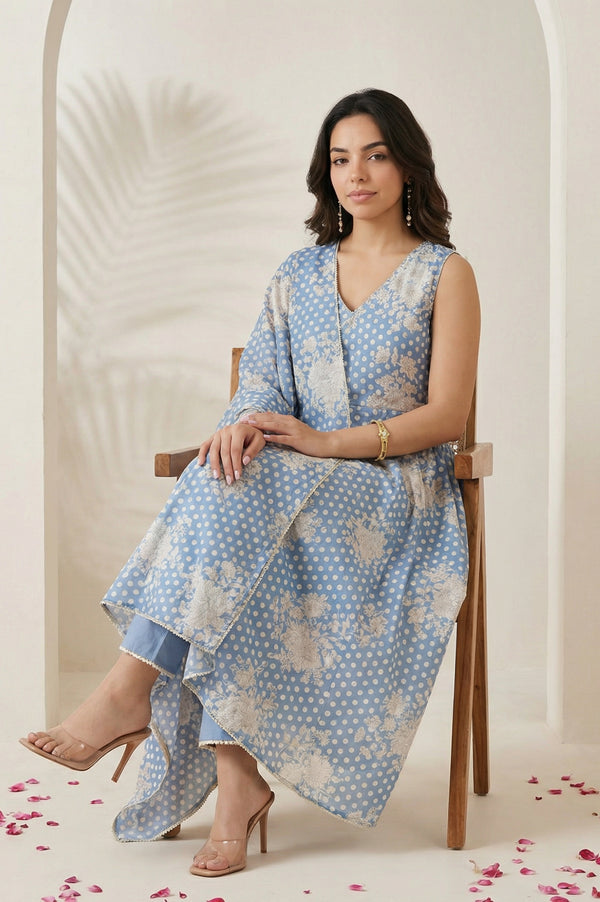 Blue Floral Printed Lace Chanderi Sleeveless A-line Kurta with Straight Pants and Dupatta Set