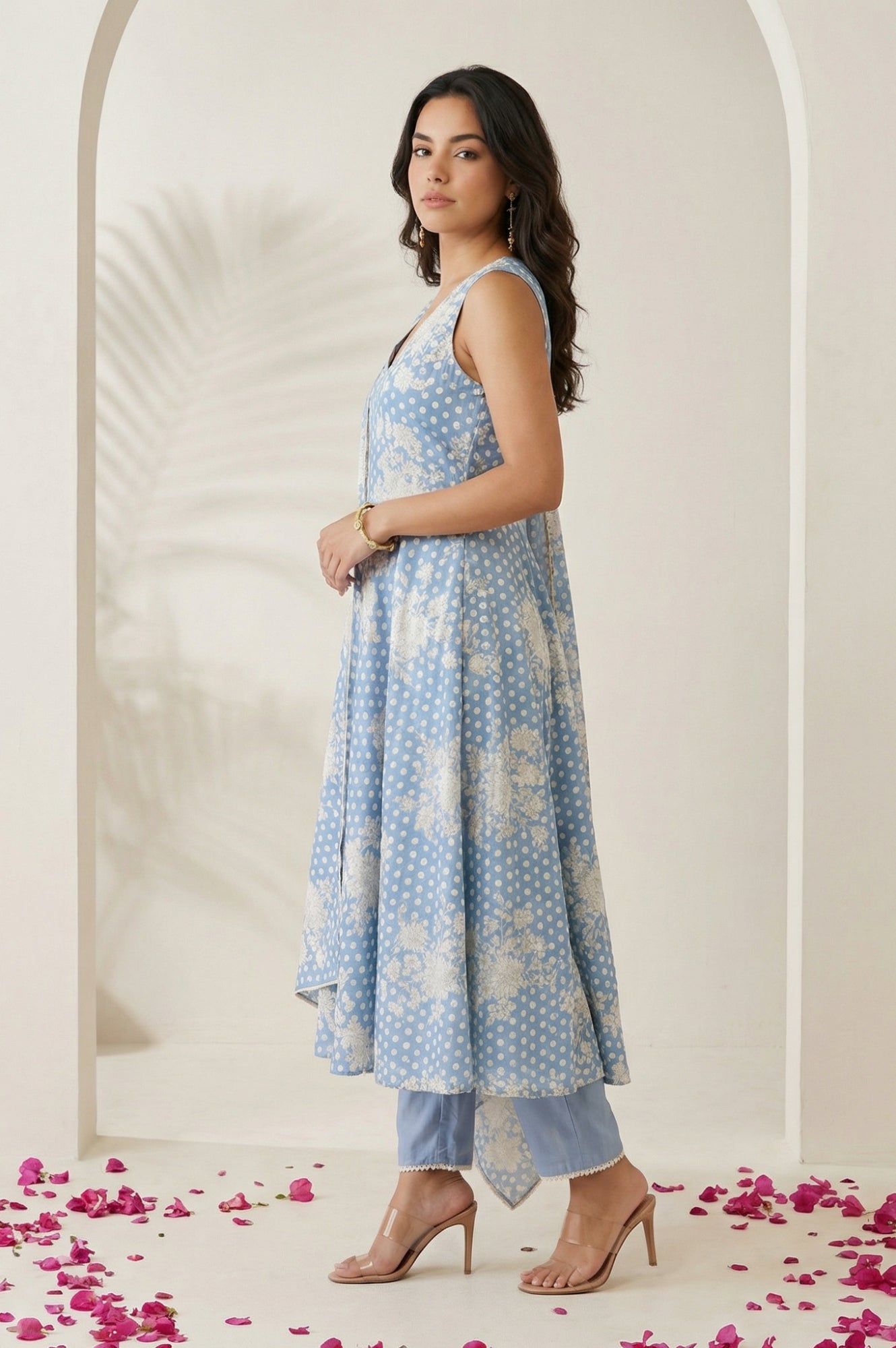 Blue Floral Printed Lace Chanderi Sleeveless A-line Kurta with Straight Pants and Dupatta Set