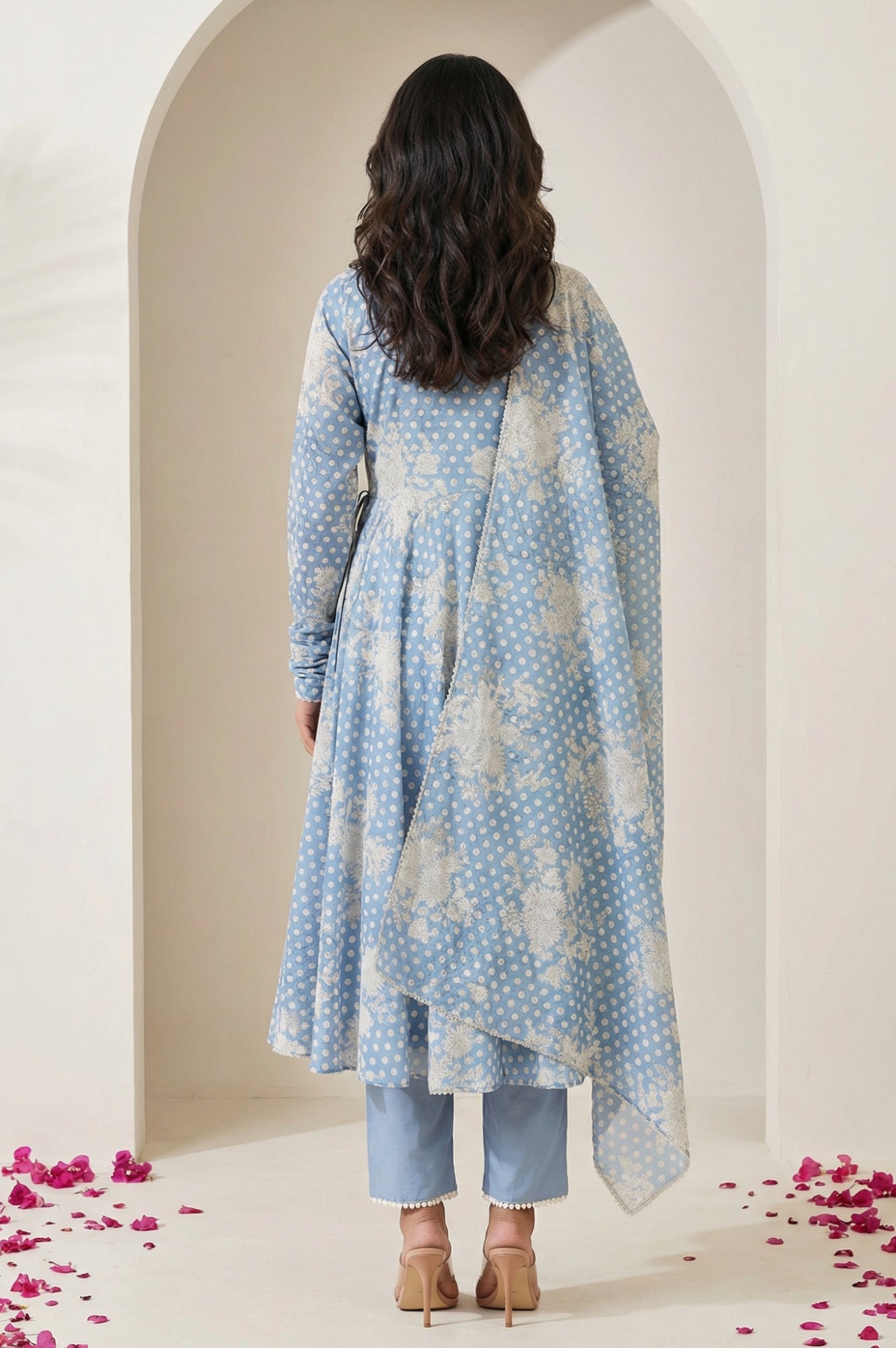 Blue Floral Printed Lace Chanderi Sleeveless A-line Kurta with Straight Pants and Dupatta Set