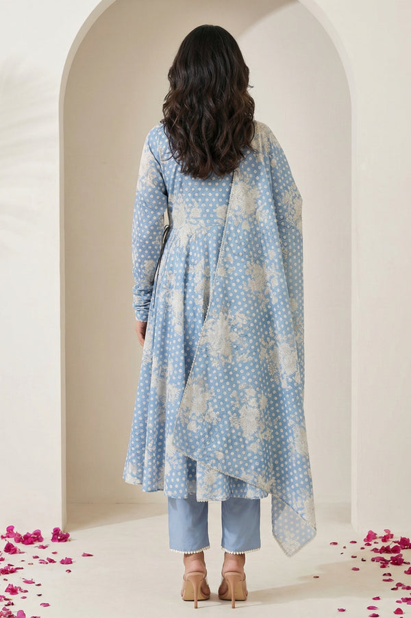 Blue Floral Printed Lace Chanderi Sleeveless A-line Kurta with Straight Pants and Dupatta Set