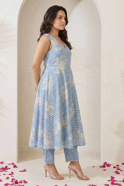 Blue Floral Printed Lace Chanderi Sleeveless A-line Kurta with Straight Pants and Dupatta Set