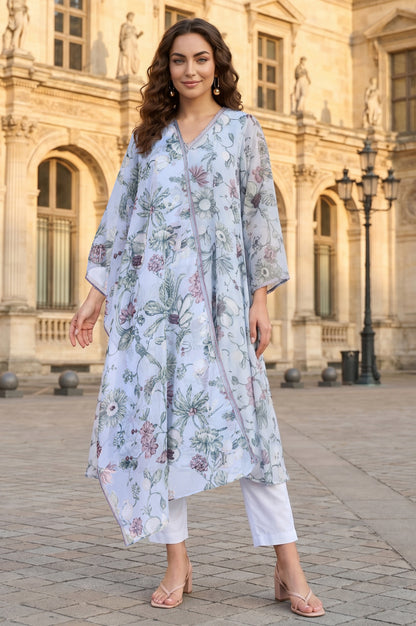 Blue Floral Printed Chiffon Flared Kurta with Pants and Dupatta Set