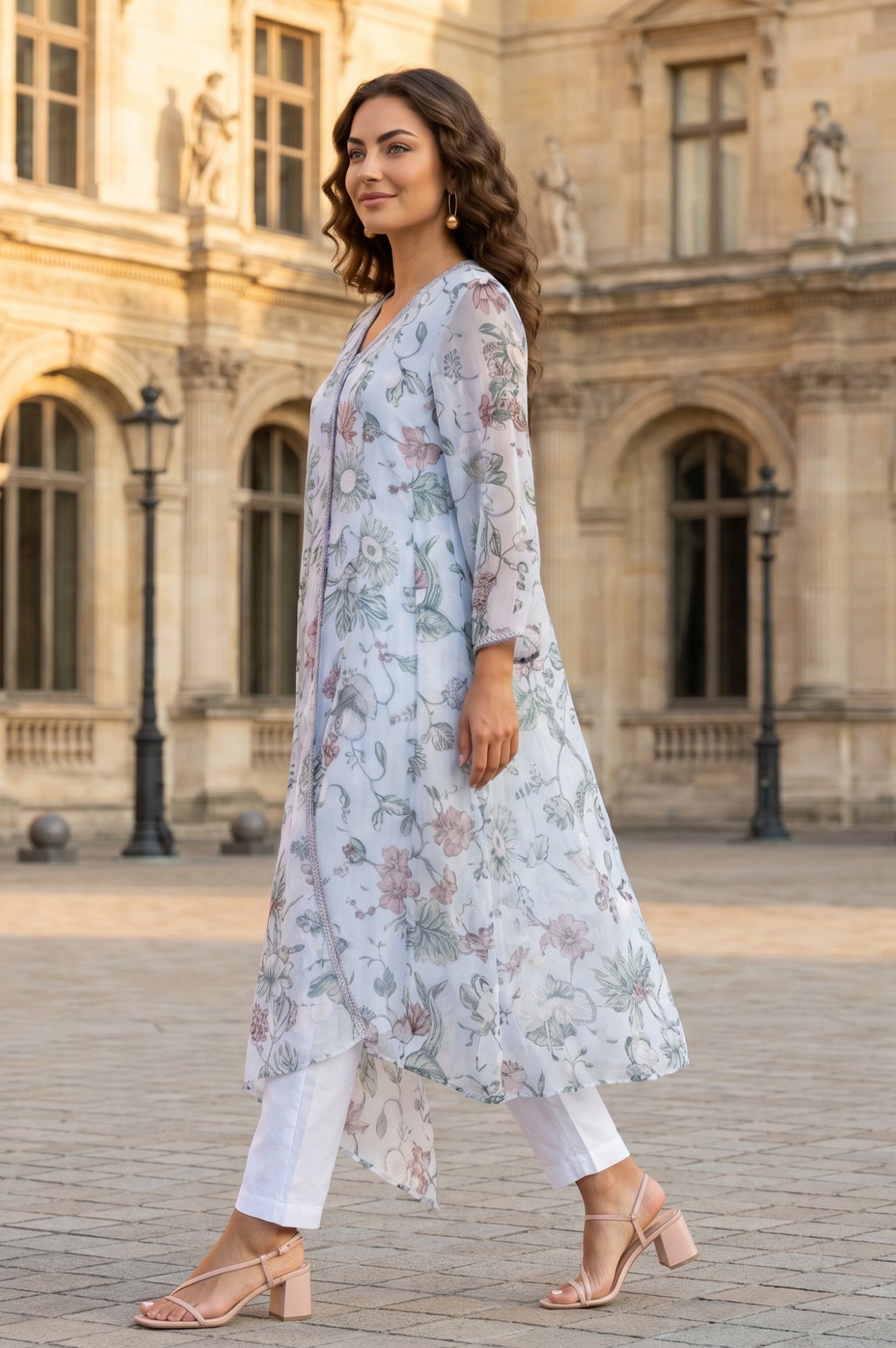 Blue Floral Printed Chiffon Flared Kurta with Pants and Dupatta Set
