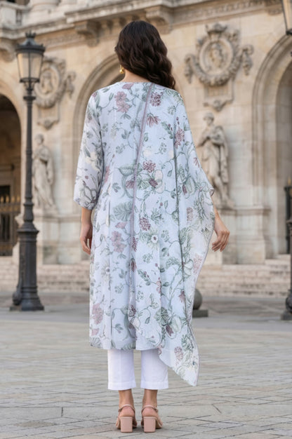 Blue Floral Printed Chiffon Flared Kurta with Pants and Dupatta Set